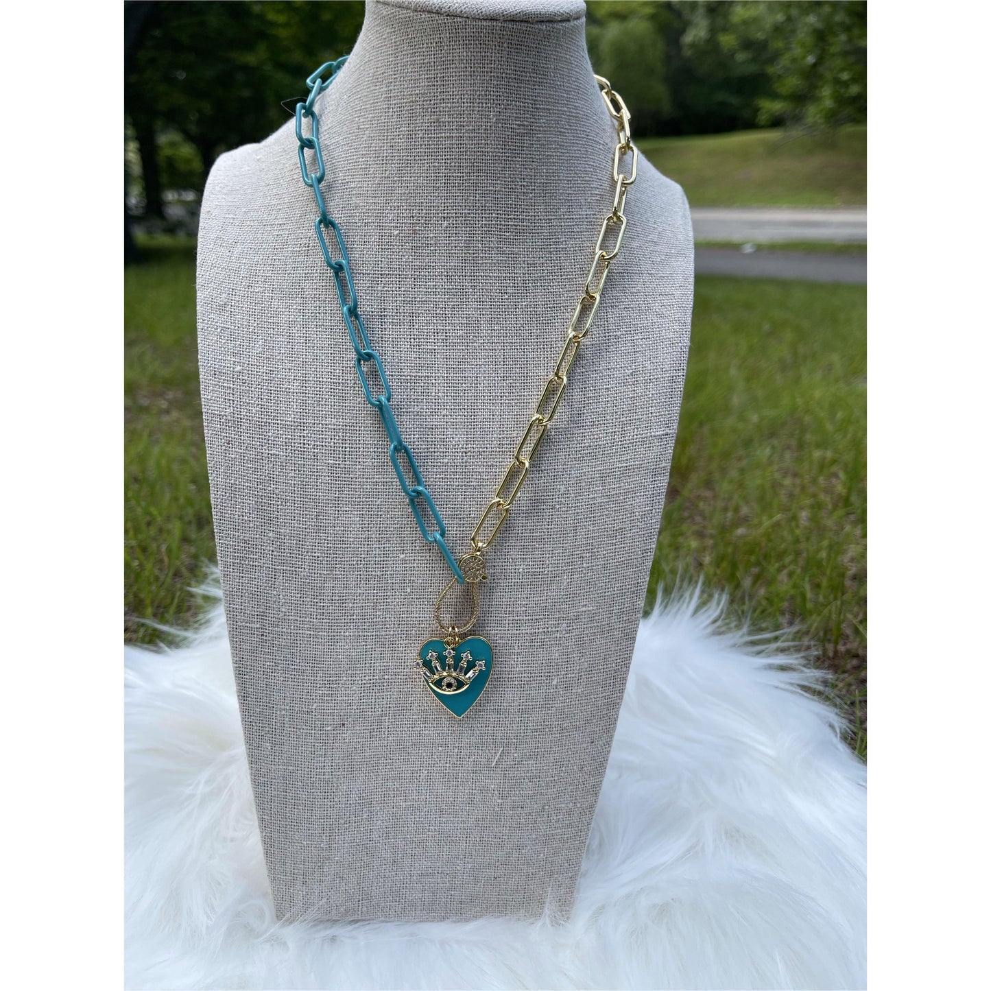 Light Blue Two Tone Brass Heart Necklace with large Evil Eye - Gilu Designs