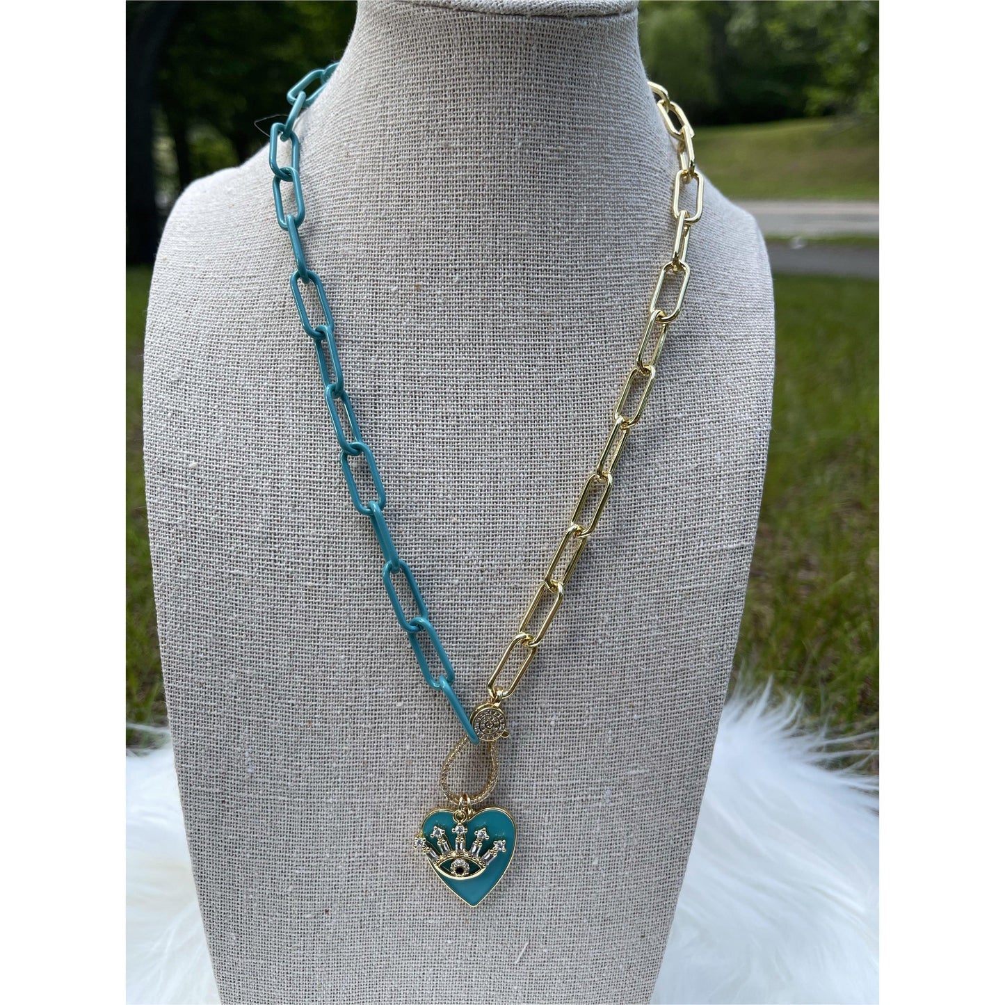 Light Blue Two Tone Brass Heart Necklace with large Evil Eye - Gilu Designs