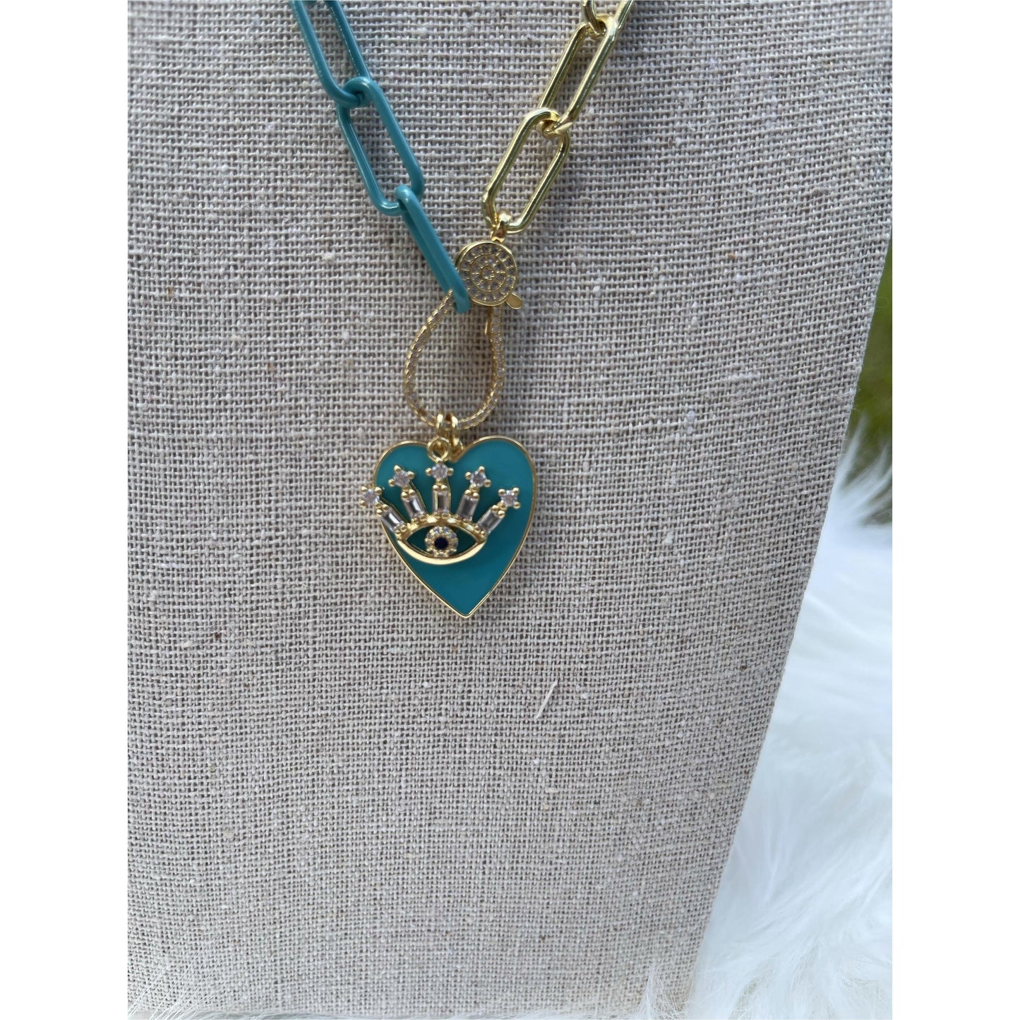 Light Blue Two Tone Brass Heart Necklace with large Evil Eye - Gilu Designs