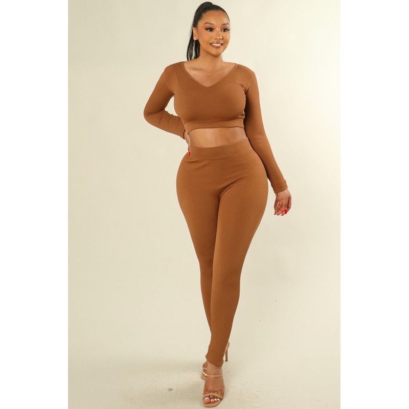 Ribbed Seamless V-Neck Crop Top And Leggings Set