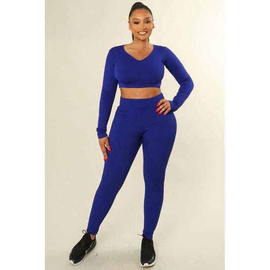 Ribbed Seamless V-Neck Crop Top And Leggings Set