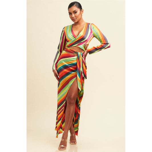 Estiló Arcoíris Elegant Multicolor Stripe Skirt Set