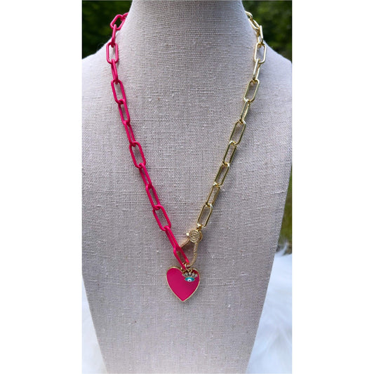 Neón Fuchia Two Tone Paper Clip Necklace with a Evil Eye Charm - Gilu Designs 