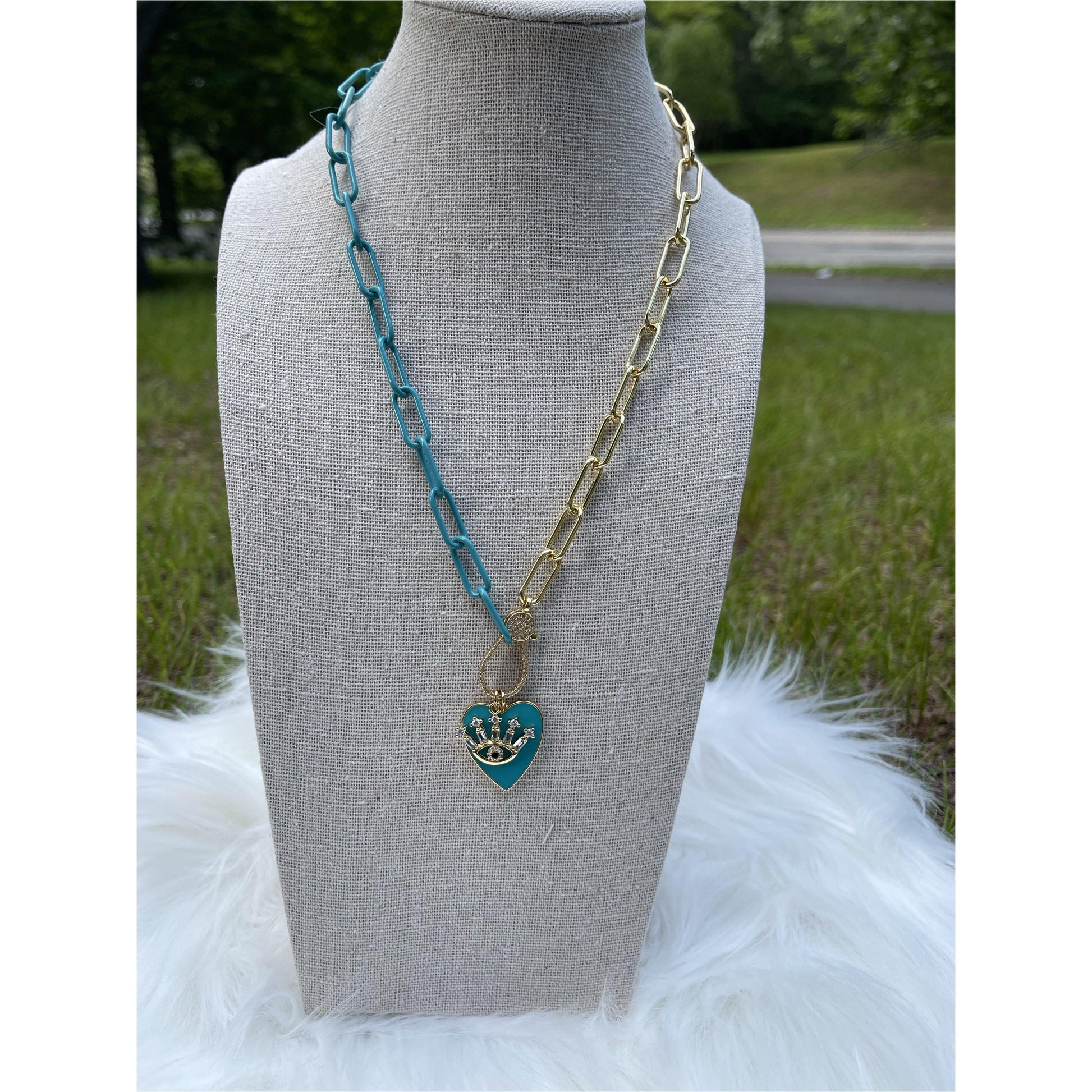 Light Blue Two Tone Brass Heart Necklace with large Evil Eye - Gilu Designs 