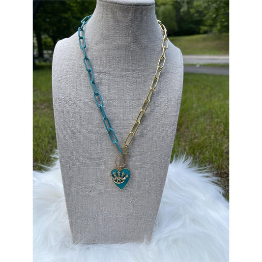 Light Blue Two Tone Brass Heart Necklace with large Evil Eye - Gilu Designs 