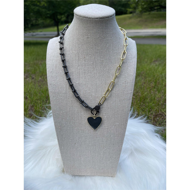 Black Two tone Heart pendent Paper Clip Necklace - Gilu Designs 