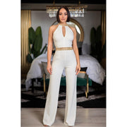 White Jumpsuit With Collar and Waist Gold detail - Gilu Designs 