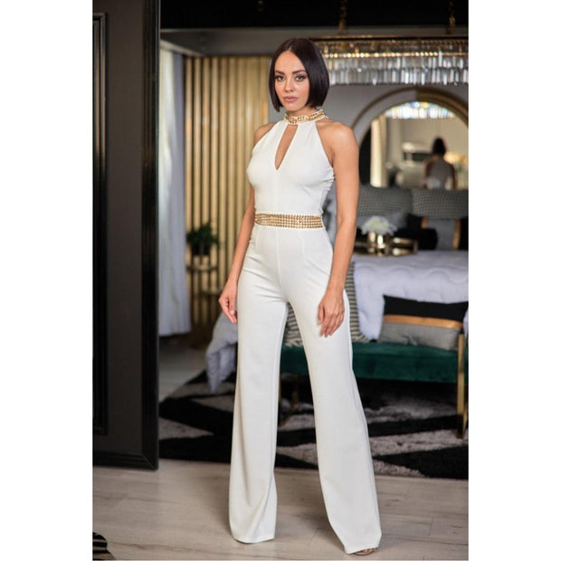 White Jumpsuit With Collar and Waist Gold detail - Gilu Designs 